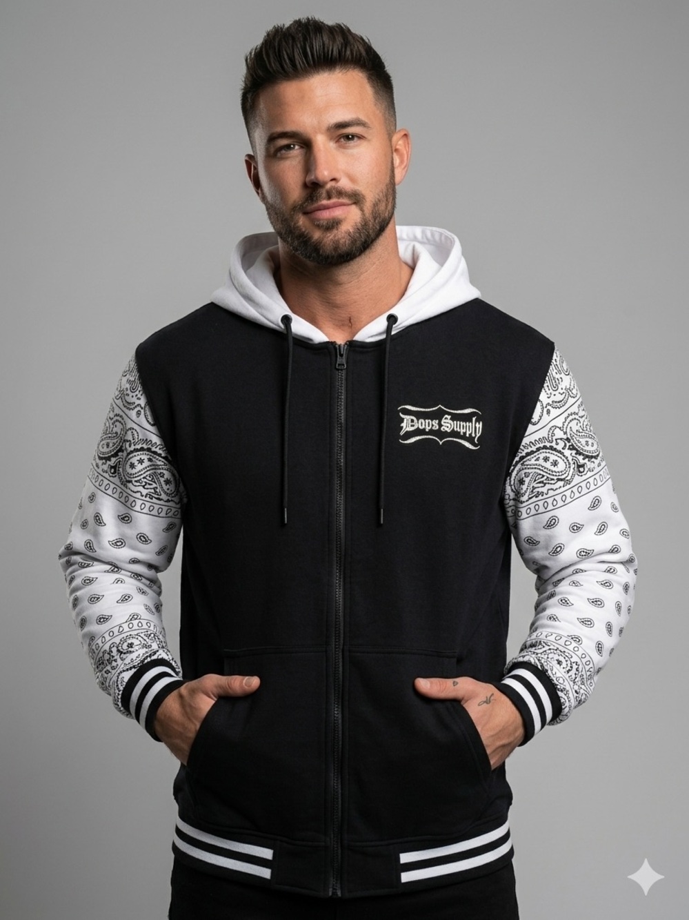Dog Supply by Snoop Dog  Men’s Black & White Bandana Sleeve Zip-Up Hoodie